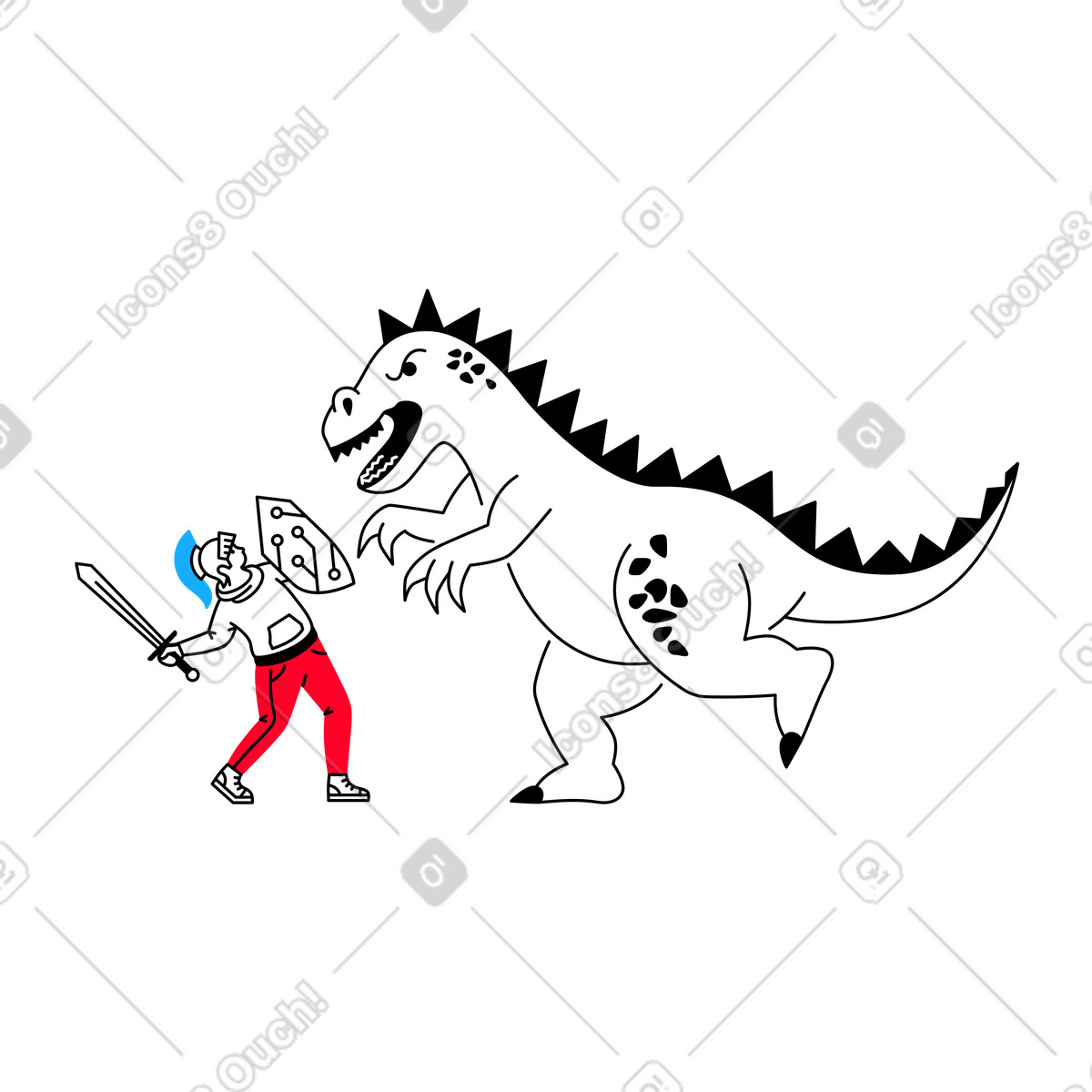 Ilustración Caballero con escudo luchando contra un dragón. en estilo Transistor a descargar en PNG y SVG