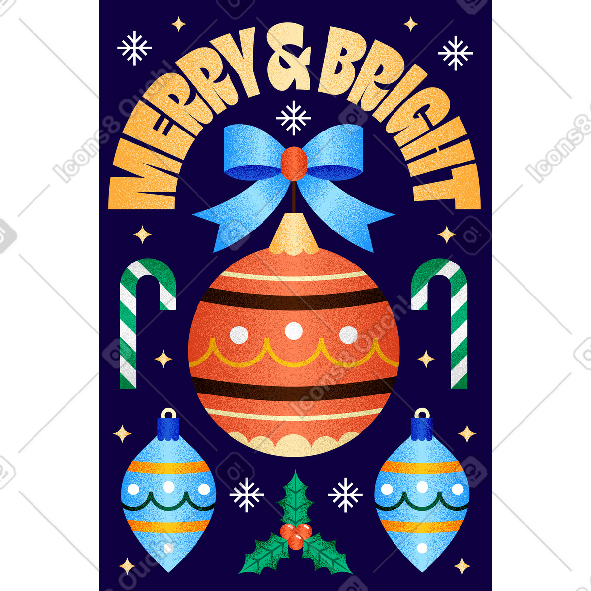 Ilustração de Poster merry and bright with christmas toys candy cane text em no estilo Typography para baixar em PNG, SVG