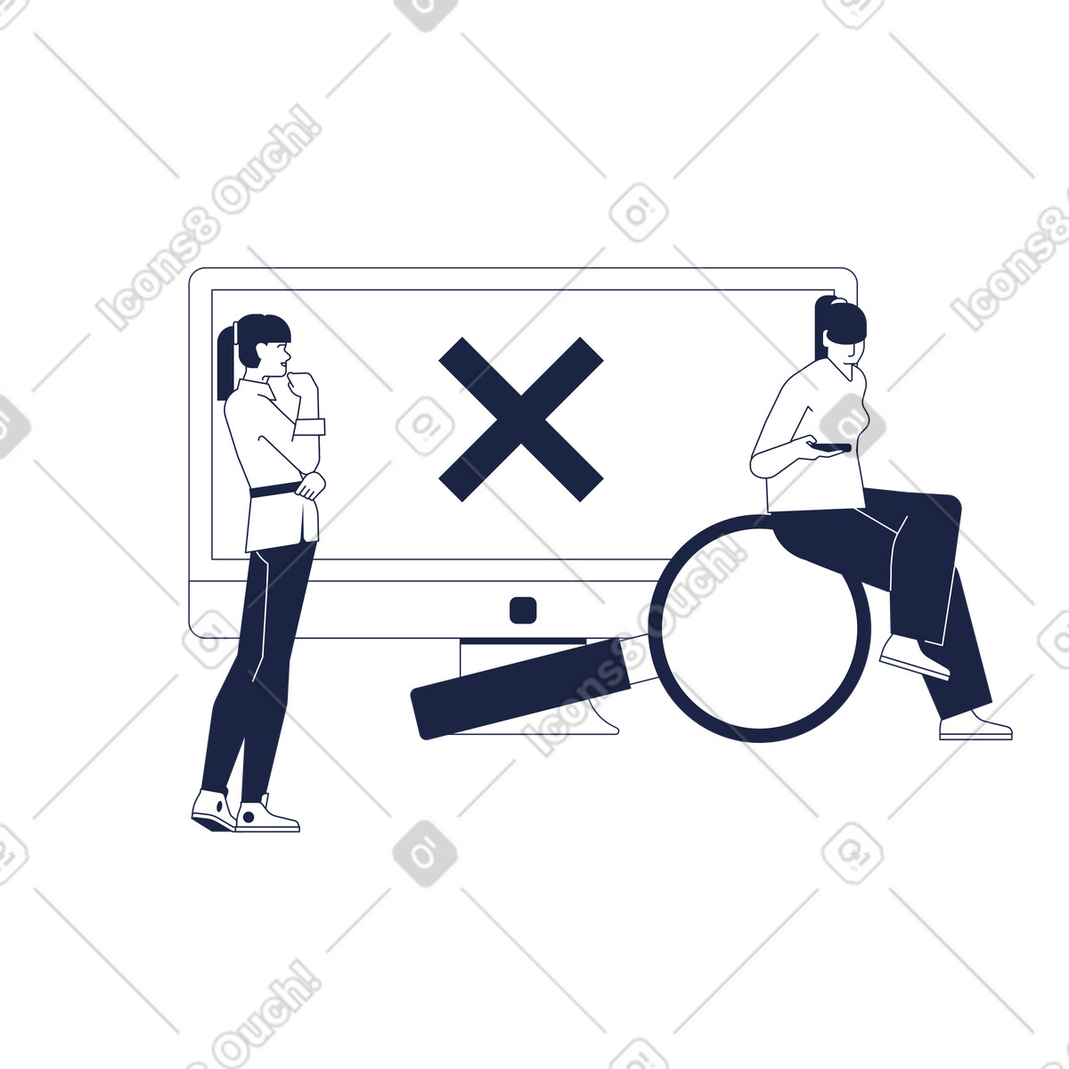Colleagues puzzled by error on computer, Connection issue and no search results illustration in Urban Line style download in PNG, SVG