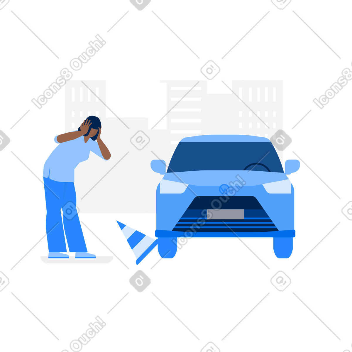 Passenger car ran over traffic cone, driver is surprised and holds her head with both hands illustration in Urban style download in PNG, SVG