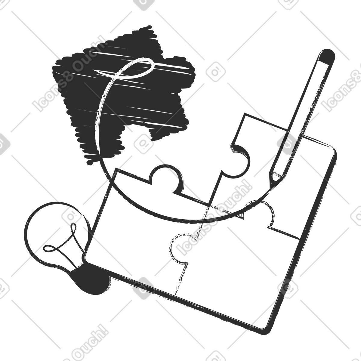 Kreativer workflow mit puzzle und ideen-Illustration im Graphite-Stil als Download in PNG, SVG