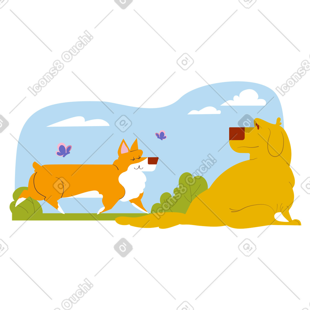 Dogs meeting on a walk illustration in Woof style download in PNG, SVG