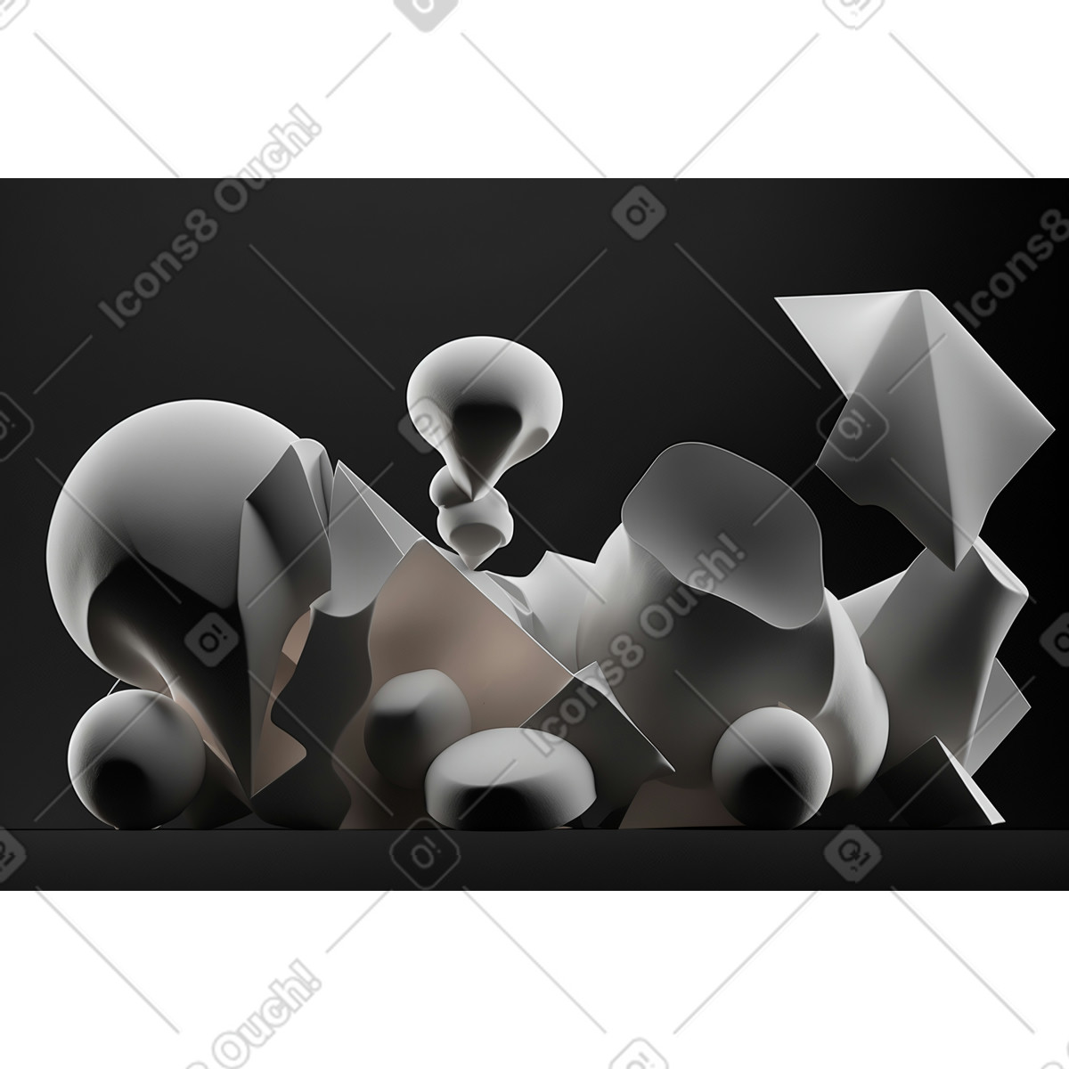 3d-geometrische weiße formen auf schwarzem hintergrund-Illustration im Experimental-Stil als Download in PNG, SVG