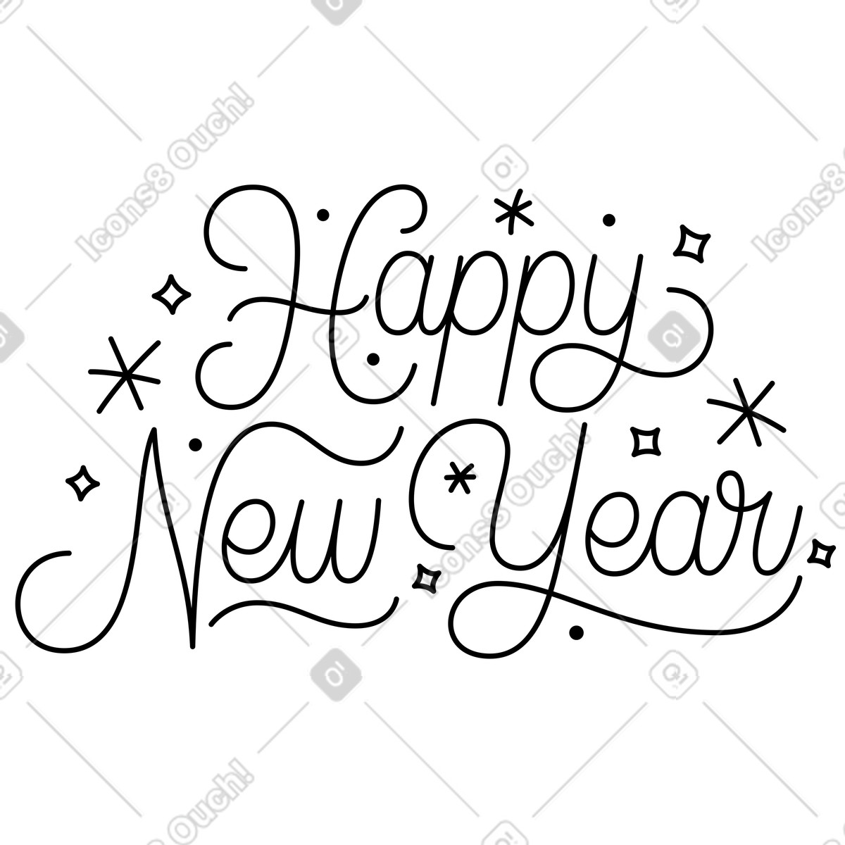 Ilustración Letras feliz año nuevo con texto de estrellas y puntos en estilo Lettering a descargar en PNG SVG