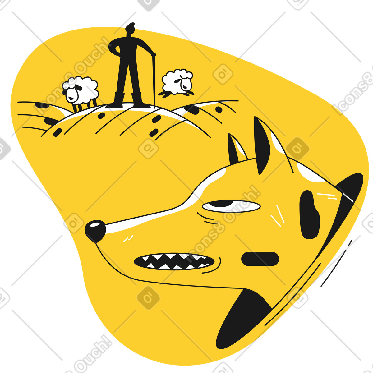 Ilustración Lobo mirando a un pastor con dos ovejas en estilo Taxi descargar en PNG y SVG