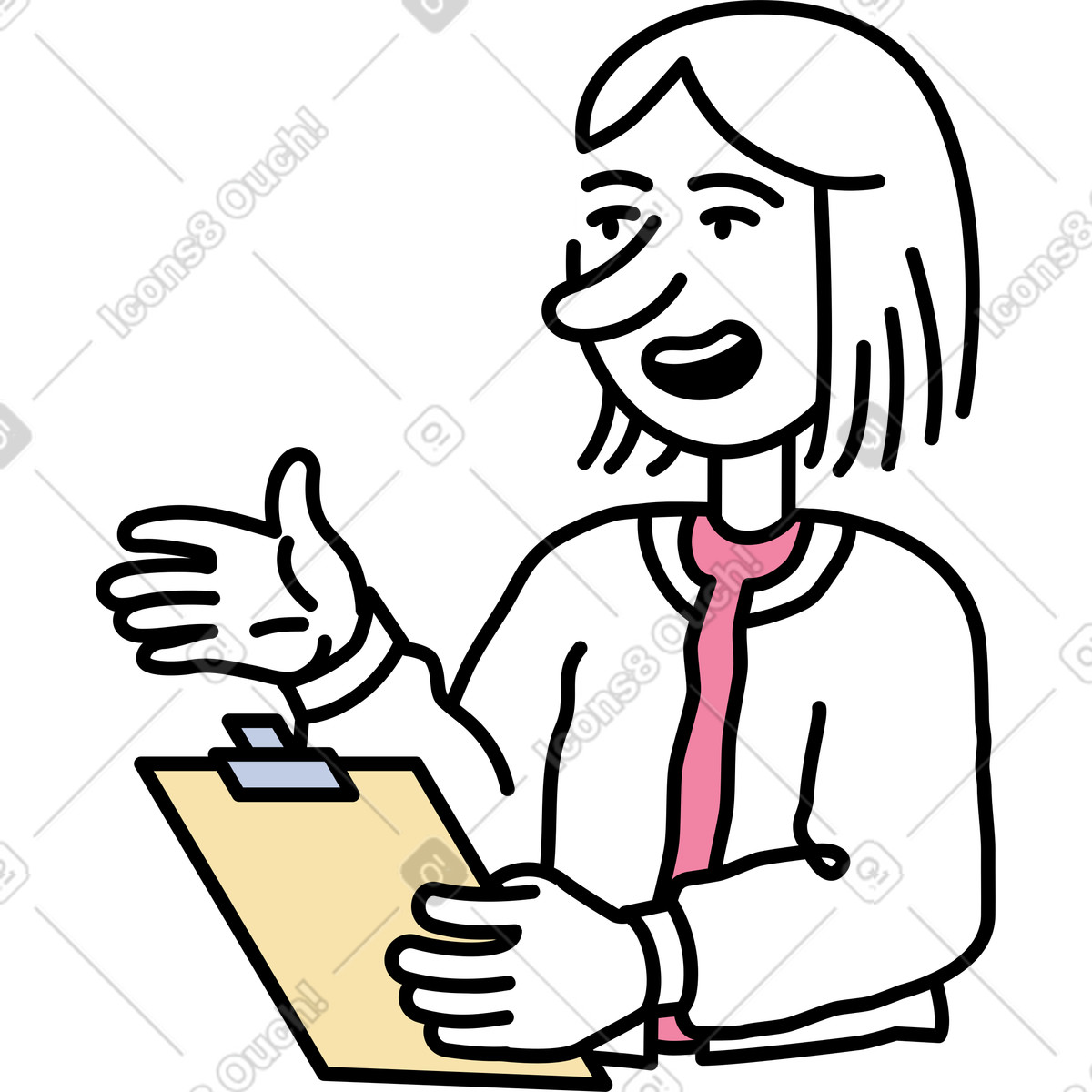 Woman holding up a clipboard and speaking illustration in Notes style download in PNG, SVG