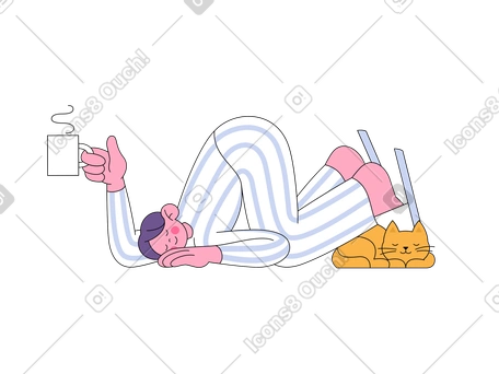 Sleepy man in pyjamas with coffee mug tripped over cat PNG, SVG