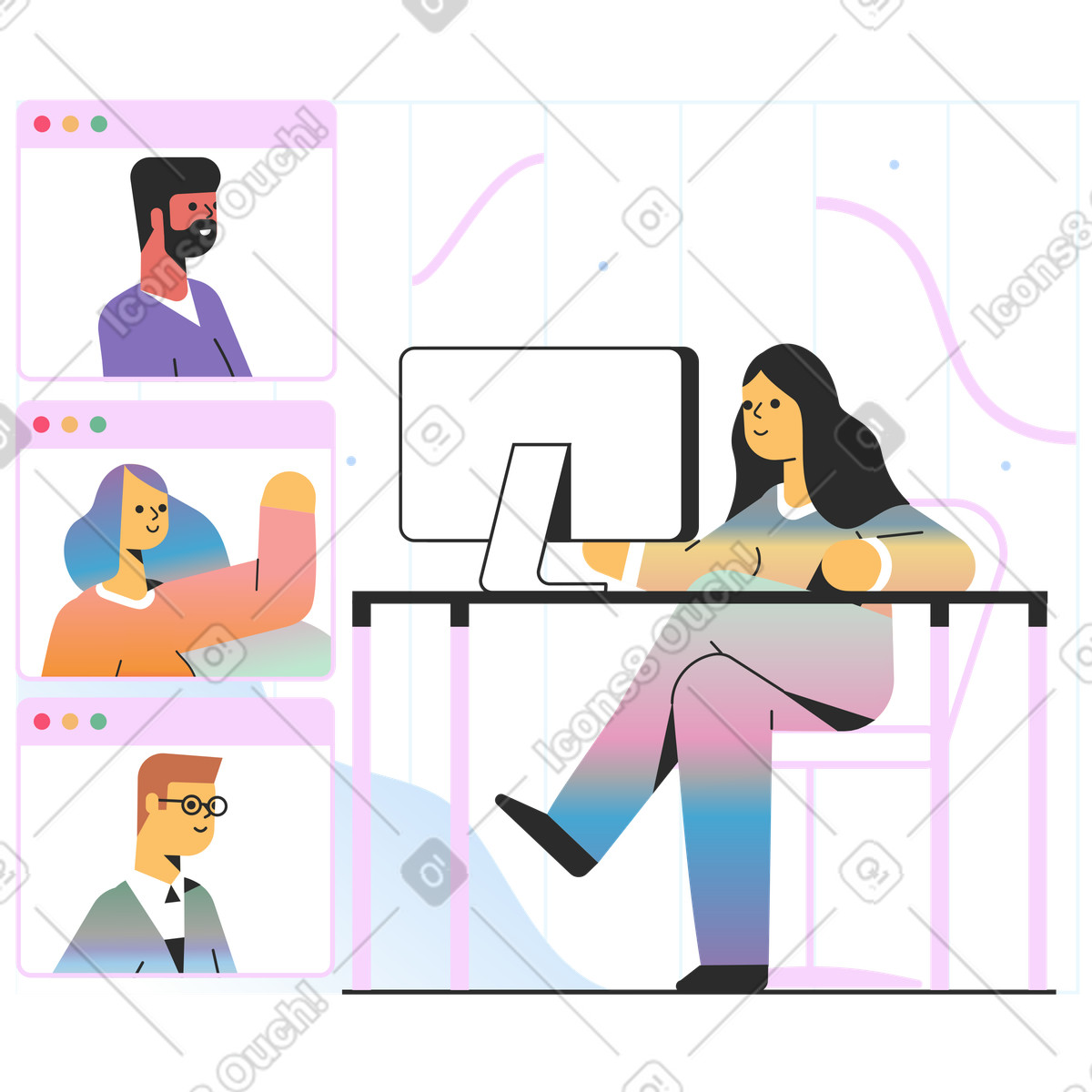 下载 Marginalia 风格的 妇女参加与同事的在线会议 插画，支持 PNG、SVG 格式