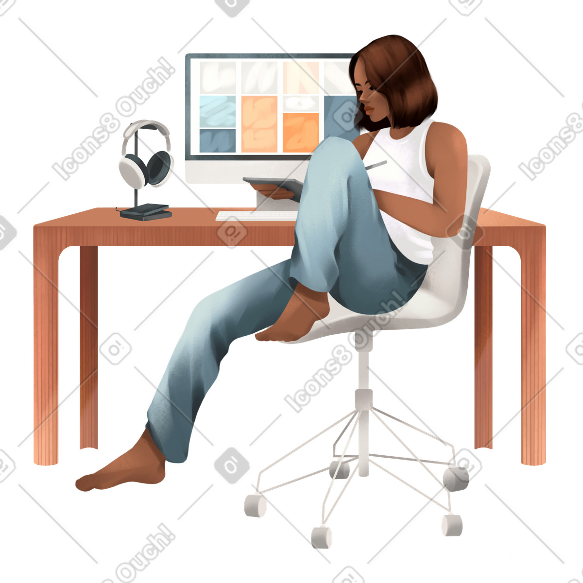 Ilustração de Designer gráfico feminino trabalhando em sua mesa em PNG e SVG