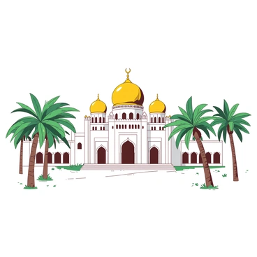 A white grand Arabian palace features shining golden domes atop its elaborate, ornate architecture. The palace is adorned with intricate carvings and delicate arches that showcase its craftsmanship. Surrounding the palace are lush green palm trees swaying gently in the breeze, framing the majestic structure. The sky above is clear and bright, adding to the grandeur of the scene.