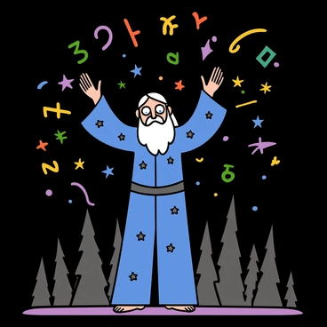 A man with light skin and long white hair, dressed in a dark blue robe adorned with silver stars, is casting a spell. He is standing with his arms raised, and glowing runes in various shapes and colors are floating in the air around him, illuminating the scene. His expression is focused, with bright blue eyes that reflect the magic around him. The background features a dark forest filled with tall trees, adding to the enchanting atmosphere.