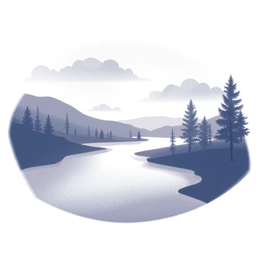 A river flows gently through the landscape. The water surface reflects the shapes of the surrounding trees and hills. The sky is filled with clouds, creating a dramatic scene as the hues transition into shades of dark and light. The overall atmosphere conveys tranquility and calmness, inviting the viewer to appreciate the harmony of nature.