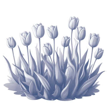 A vast field filled with blooming tulips. The tulips display intricate shapes and patterns, characterized by flowing lines and ornate designs reminiscent of art nouveau. The flowers vary in height, creating a diverse landscape of texture. Some tulips have elongated petals, while others are more rounded, contributing to the overall complexity. The ground is visible, covered with green foliage that complements the vibrant blooms. A gentle breeze rustles through the flowers, adding a sense of movement to the scene.