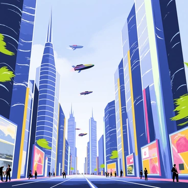 A futuristic cityscape featuring tall, sleek skyscrapers with reflective glass surfaces. The buildings are adorned with bright, vibrant neon lights in a variety of colors, such as blue, pink, and green. Numerous AI-controlled flying cars with aerodynamic designs soar through the sky, creating trails of light behind them. Below, bustling streets are populated with pedestrians and electric vehicles, while digital billboards display animated advertisements. The atmosphere is filled with a sense of technological advancement and urban life, showcasing a lively, modern environment.