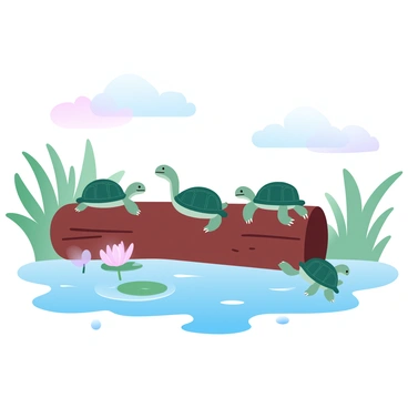 A group of turtles is basking on a log that extends out of the water in the middle of a wetland pond. The log is surrounded by lush green reeds and small lily pads floating on the surface of the water. The turtles are positioned in various poses, some with their legs stretched out while others are perched near each other, enjoying the sunlight. In the background, gentle ripples can be seen on the water's surface, reflecting the soft colors of the environment. Fluffy clouds float in a pastel sky above the serene scene.