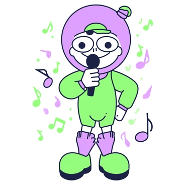 A cartoon character holding a microphone ready to sing