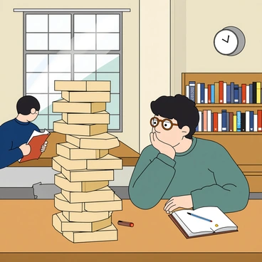 A young man with dark hair and glasses is sitting at a wooden table in a quiet library. He is leaning forward, resting his chin on one hand while staring intently at a tall, precarious Jenga tower made of light-colored wooden blocks. Surrounding him are shelves filled with books, and a few scattered notebooks and pens are on the table. Soft sunlight is streaming through a nearby window, casting a gentle glow on the scene. A large clock on the wall shows that it's late afternoon, and a couple of other patrons can be seen quietly reading in the background.