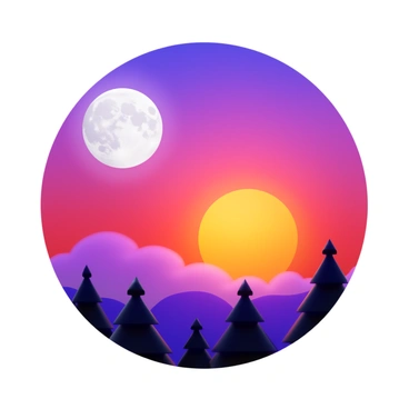 A twilight scene featuring a large moon on one side of the sky and a radiant sun on the opposite side. The sky is painted in vibrant shades of purple and orange, blending as day transitions into night. Soft clouds drift across the horizon, illuminated by the warm light of the sun and the cool glow of the moon. Silhouetted trees line the foreground, adding contrast to the colorful sky. The overall effect creates a harmonious balance between the moon and the sun.