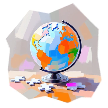 A partially assembled globe resembling a jigsaw puzzle sits on a wooden table. The globe features vibrant colors representing various continents and oceans, with distinct puzzle piece shapes cut out of the surface. Several jigsaw pieces are floating nearby, showcasing intricate details of landforms and waterways. The scene captures the assembly process, with a few pieces resting on the table and others suspended in mid-air, as if waiting to be placed into the globe.