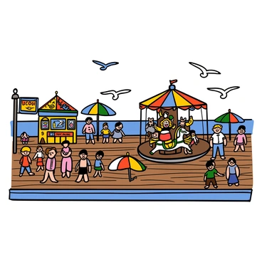 A lively seaside boardwalk filled with families strolling along the wooden planks. Colorful beach umbrellas dot the area, providing shade for visitors. There are several shops with bright signs advertising ice cream, souvenirs, and beach gear. Children are laughing and enjoying rides on a carousel adorned with painted horses. A light blue ocean can be seen in the background, with waves gently crashing against the shore. Seagulls are flying overhead, adding to the vibrant atmosphere of the scene.