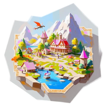 A colorful, hand-drawn map of a fantastical land, filled with landmarks and mythical creatures.