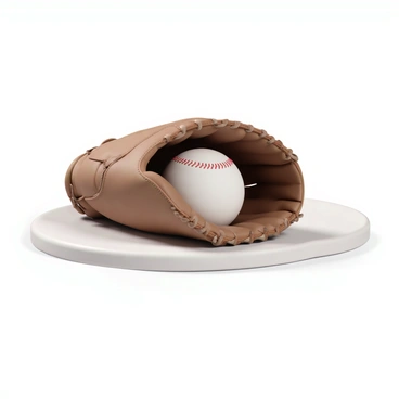 A worn baseball glove, made of brown leather with visible creases and scuff marks, is open and lying on a white home plate. The glove has a slightly frayed webbing and is positioned in a way that shows its inner lining. Resting inside the glove is a white baseball, slightly dirty with red stitching, contrasting against the glove's leather texture. The home plate is clean and bright, reflecting a well-used baseball field. The scene captures the essence of a game in progress, with the glove and ball as the focal points.