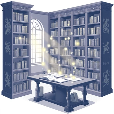 An ancient library filled with towering bookcases that stretch towards the ceiling. The bookshelves are made of dark wood, intricately carved with designs that depict mythical creatures and ancient symbols. Each shelf is packed with a variety of old, leather-bound books, their spines embossed with gold lettering. Floating candles hover in the air, casting a warm glow throughout the room. The light from the candles creates flickering shadows on the walls, which are adorned with tapestries depicting scenes of historical events. A large wooden table in the center of the room is scattered with open books, scrolls, and a quill resting in an inkpot. A large arched window allows soft light to filter in, illuminating dust particles that dance in the air.