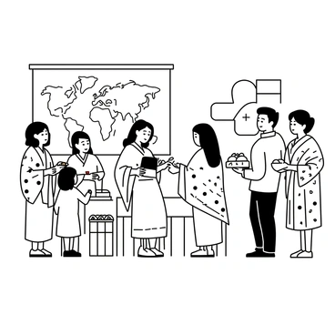 A group of students is gathered in a classroom, each wearing traditional clothing from various cultures. One student, dressed in a colorful kimono, is sharing a plate of sushi with another student wearing a vibrant poncho. At the same time, a girl in a flowing sari is recounting a story to her classmates, who are listening attentively. A boy in a kilt is holding a basket filled with pastries, offering them to others. The classroom is decorated with cultural artifacts, and a large map of the world is displayed on one wall, emphasizing the theme of global celebration.