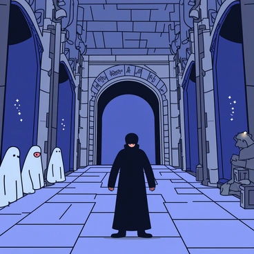 A dark, shadowy figure representing Melkor is seen in the center of a large, dimly lit hall. The hall features tall stone walls adorned with intricate, ancient carvings that depict various scenes of his past. Heavy, iron-bound doors loom on either side, suggesting a sense of confinement. The ground is made of polished stone, reflecting a slight glow from ethereal lights hanging from the ceiling. In the background, ghostly figures can be noted, embodying the spirits of the deceased, observing Melkor with solemn expressions. A large, ornate throne sits empty to one side, emphasizing his imprisonment.