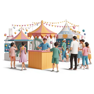 A vibrant carnival scene, filled with colorful decorations and lights strung above. In the foreground, there is a dart-throwing game booth, where a wooden stall is adorned with bright red and yellow banners. A cheerful attendant, wearing a blue shirt and a red cap, stands behind the counter, smiling as he hands a dart to an excited participant. The participant, a young boy wearing a green t-shirt and shorts, focuses on the target, which is a board covered in colorful balloons. Around them, families and friends are laughing and enjoying the festivities, with various carnival rides and games visible in the background.