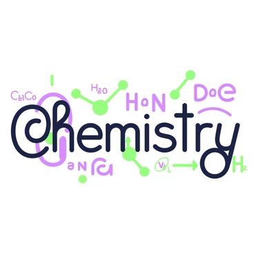 The word "Chemistry" is visually represented using a variety of chemical symbols and equations. Each letter is formed by creatively arranging relevant chemical notations, such as H for Hydrogen, O for Oxygen, and Na for Sodium. The symbols are connected with arrows and equations that depict various chemical reactions, showcasing elements like CO2, H2O, and NaCl. The overall composition is dynamic, emphasizing the scientific nature of the subject while maintaining a balanced layout. The arrangement of the symbols creates a cohesive and engaging depiction of the word "Chemistry."