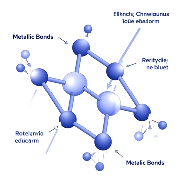 An illustration depicting pathways of conductivity formed by metallic bonds. The image features a close-up view of metallic atoms arranged in a lattice structure. Each atom is depicted with a nucleus and surrounding electrons, emphasizing the shared electron clouds. The pathways of conductivity are represented by arrows or lines, indicating the movement of electrons between the atoms. Surrounding the lattice, there are labels that define the characteristics of metallic bonds, highlighting the strength and flexibility of these bonds.