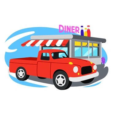A classic retro pickup truck in bright red color is parked beside a vintage diner with a shiny chrome exterior. The truck has white wall tires and a glossy finish, showing off its polished details. The diner features neon lights glowing with the words “DINER” in bold letters on the sign. There are checkered patterns on the diner’s windows and a striped awning extending over the entrance. A couple of vintage soda bottles can be seen on the ledge of the diner, adding to the nostalgic atmosphere. The scene is set on a sunny day with a clear blue sky.