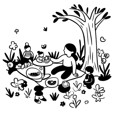 A girl sitting on a picnic blanket in a garden, surrounded by several dolls arranged around her. There is a small table set with a delicate tea set, featuring a teapot, cups, and plates of pastries. The garden is filled with various plants and flowers, creating a vibrant backdrop. A large tree provides shade over the scene, with its branches extending outwards. A few butterflies are fluttering in the air, adding to the lively atmosphere. The girl is carefully pouring tea from the teapot into a doll's cup.