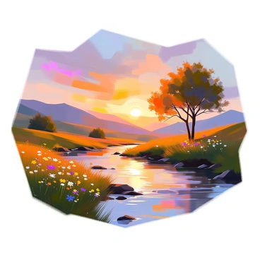 A peaceful landscape at sunset with a warm, colorful sky transitioning from orange to deep purple as the sun dips below the horizon. In the foreground, there is a gently flowing river reflecting the vibrant colors of the sky. Lush green hills frame the scene, dotted with wildflowers in shades of yellow and purple swaying in the soft breeze. A few trees with broad canopies stand on the banks of the river, their leaves catching the last light of the day. This setting embodies tranquility, inviting a sense of harmony and closure.