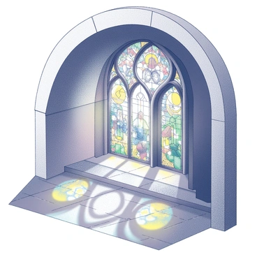 An elaborate stained glass window featuring intricate designs and patterns. The window is set within a stone archway, displaying a variety of shapes and figures. The sunlight filters through the glass, creating captivating "colorful shadows" that spread across the stone floor, highlighting its texture and details. The surrounding walls are made of smooth, aged stone, enhancing the contrast with the vibrant light. The overall composition draws attention to the interplay between the window and the shadows on the floor.