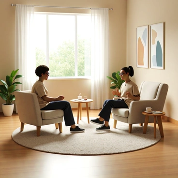 A cozy therapy room with warm lighting and soft furnishings. There is a comfortable armchair upholstered in light fabric and a small wooden side table next to it. On the table, there is a steaming cup of herbal tea and a journal with a pen laid open. A large window allows soft natural light to filter in, with a view of greenery outside. The walls are adorned with calming artwork featuring abstract patterns in soothing colors. In the center of the room, a therapist with short curly hair and glasses is sitting across from a client. The client, a young adult with straight hair tied in a ponytail, is speaking and looking engaged. A plush rug covers the wooden floor, adding warmth to the scene. A potted plant sits in the corner, contributing to a serene atmosphere.