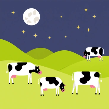 A cartoon-style illustration of a pasture at night. The scene features several cows with black and white patches grazing peacefully on lush green grass. Above, a bright full moon casts a soft light over the pasture. Twinkling stars are scattered across the dark blue sky, adding a whimsical touch to the nighttime setting. The gentle curves of the rolling hills in the background complete the tranquil landscape.