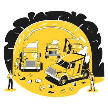 A dark tunnel with walls that appear rough and uneven. In the foreground, multiple trucks are jackknifed, some with crumpled front ends and scattered debris around them. The headlights of the trucks are illuminated, casting harsh beams into the darkness of the tunnel. Smoke is rising from the wreckage, partially obscuring the sight. A few truck drivers are depicted standing at the side, looking bewildered and shocked. The ground is littered with broken parts and scattered cargo, creating a chaotic scene. The overall atmosphere conveys a sense of urgency and confusion in the aftermath of the accident.