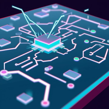 A close-up of an electronic circuit board filled with intricate pathways and components. The board features an array of shiny copper traces and various integrated circuits. Bright sparks are visibly jumping between some of the connections, indicating active energy flow. There are small LEDs glowing in vibrant colors scattered across the board, enhancing the dynamic visual effect. The background is softly blurred to emphasize the detailed components of the circuit board.