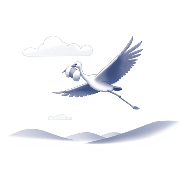 A stork with long, slender legs and a curved beak is flying gracefully through a clear sky. The bird is carrying a bundle wrapped in a soft cloth delicately clutched in its beak. Below, gentle hills roll in the distance, and a few fluffy clouds dot the sky. The stork's wings are outstretched, showcasing its impressive wingspan as it glides effortlessly. The scene captures a moment of tranquility and joy, with an emphasis on the stork and the precious bundle it carries.
