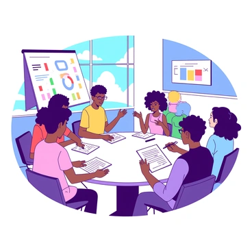 A bright meeting room filled with natural light coming through large windows. A diverse group of people, including individuals of various ethnicities and genders, are gathered around a round table. Each person has a printed questionnaire in front of them, and they are actively discussing it. One person has short curly hair and is gesturing with their hands, another is taking notes on a notepad, while a person with glasses is reading aloud from the questionnaire. Colorful charts and diagrams are displayed on a whiteboard in the background. The atmosphere is focused and collaborative.