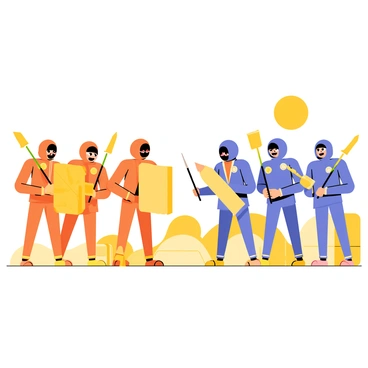 Two armies are facing off in the Butter Battle. On one side, soldiers are wearing bright orange uniforms, holding oversized butter knives and wielding comically large slices of bread as shields. The opposing army is dressed in whimsical blue outfits, with each soldier brandishing peculiar weapons like butter sticks and peculiar contraptions that launch soft butter missiles. The battlefield is decorated with a mix of colorful butter packets scattered on the ground, and in the background, a cheerful sun shines down on the whimsical scene. Each army stands confidently, ready for a playful confrontation, with expressions of determination mixed with a hint of humor.