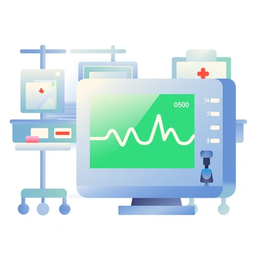 A close-up of a heart rate monitor is shown, displaying a steady heartbeat with a clear line graph. The screen features a bright green waveform, indicating the heartbeat rate, along with numerical readings in white text. The monitor is surrounded by soft, diffused lighting typical of a hospital setting. In the background, various medical equipment can be faintly seen, including IV stands and monitors with blinking lights, creating an atmosphere of clinical care. The focus remains on the heart rate monitor, emphasizing its importance in patient monitoring.