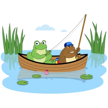 A green frog with big, round eyes is sitting on one side of a small wooden boat. Next to it is a brown toad with a bumpy texture, wearing a tiny blue cap. Both characters are holding fishing rods, with the lines cast into the calm water of a tranquil lake. The boat has a few colorful fishing supplies scattered around. In the background, tall green reeds frame the lake, and several lily pads can be seen floating on the surface. A few clouds are reflected in the water, creating a serene scene.