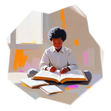 A young Frederick Douglass, with dark skin and short curly hair, is seated on the floor of a simple room, engrossed in a tattered book. He wears a plain, modest shirt, and his expression reflects concentration and determination. The book is open in front of him, revealing faded pages filled with text. Around him, the room is sparsely furnished, with wooden walls and a small window letting in soft light. A few scattered pages lie around him, showcasing his effort to learn.