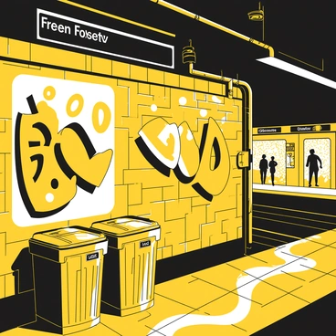 A subway station wall covered in large, bold advertisements featuring unique shapes and letters. The wall is textured, showing signs of wear and age. Various graffiti elements are intertwined with the advertisements, creating a dynamic visual scene. Trash bins and metal pipes are visible in the foreground, adding to the urban environment. The lighting is dim, with overhead lights casting shadows across the wall. A few people can be seen in the distance, waiting for a train.
