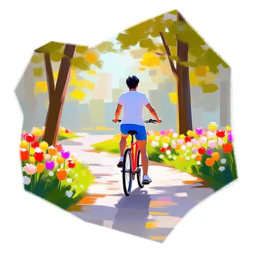 A person with light skin and short dark hair is riding a red bicycle along a winding path in a lush, green park. The park is filled with a variety of blooming flowers in vibrant colors, including red roses, yellow daisies, and purple tulips. Tall trees surround the path, their leaves forming a canopy overhead, creating dappled sunlight on the ground. The cyclist is wearing a casual outfit consisting of a white t-shirt and blue shorts, enjoying the warm weather as they navigate through the picturesque scenery.