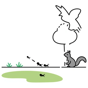 An urban park scene featuring a patch of green grass in the foreground. Several small ants are visible crawling on the grass blades. In the midground, a gray squirrel is positioned near a tree, looking towards the ants with curiosity. In the background, a hawk is soaring in the sky, its wings spread wide, observing the scene below. The overall composition highlights the food chain in a clear and informative manner.