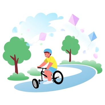 A child with short hair is riding a bicycle down a winding park path. The child is wearing a bright t-shirt and shorts, with a helmet secured on their head. The bicycle is small and has training wheels. Surrounding the path are trees with vibrant green leaves. In the background, several colorful kites are soaring in the blue sky, showcasing a variety of shapes and patterns. A gentle breeze is indicated by the movement of the kites.